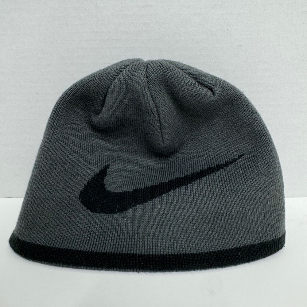 Nike Youth Beanie Hat Gray Black Swoosh Logo Knit Skull Cap Acrylic 2498-693